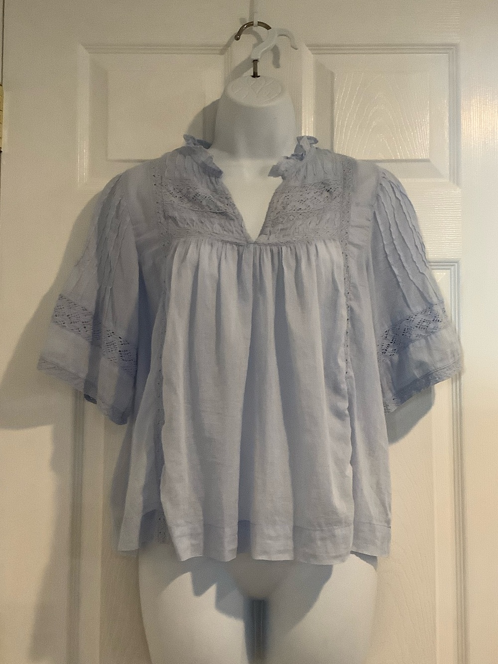 NEO NOIR 100% Cotton Light Blue Boho Crotcheted Lace Feminine Cottagecore Top 38